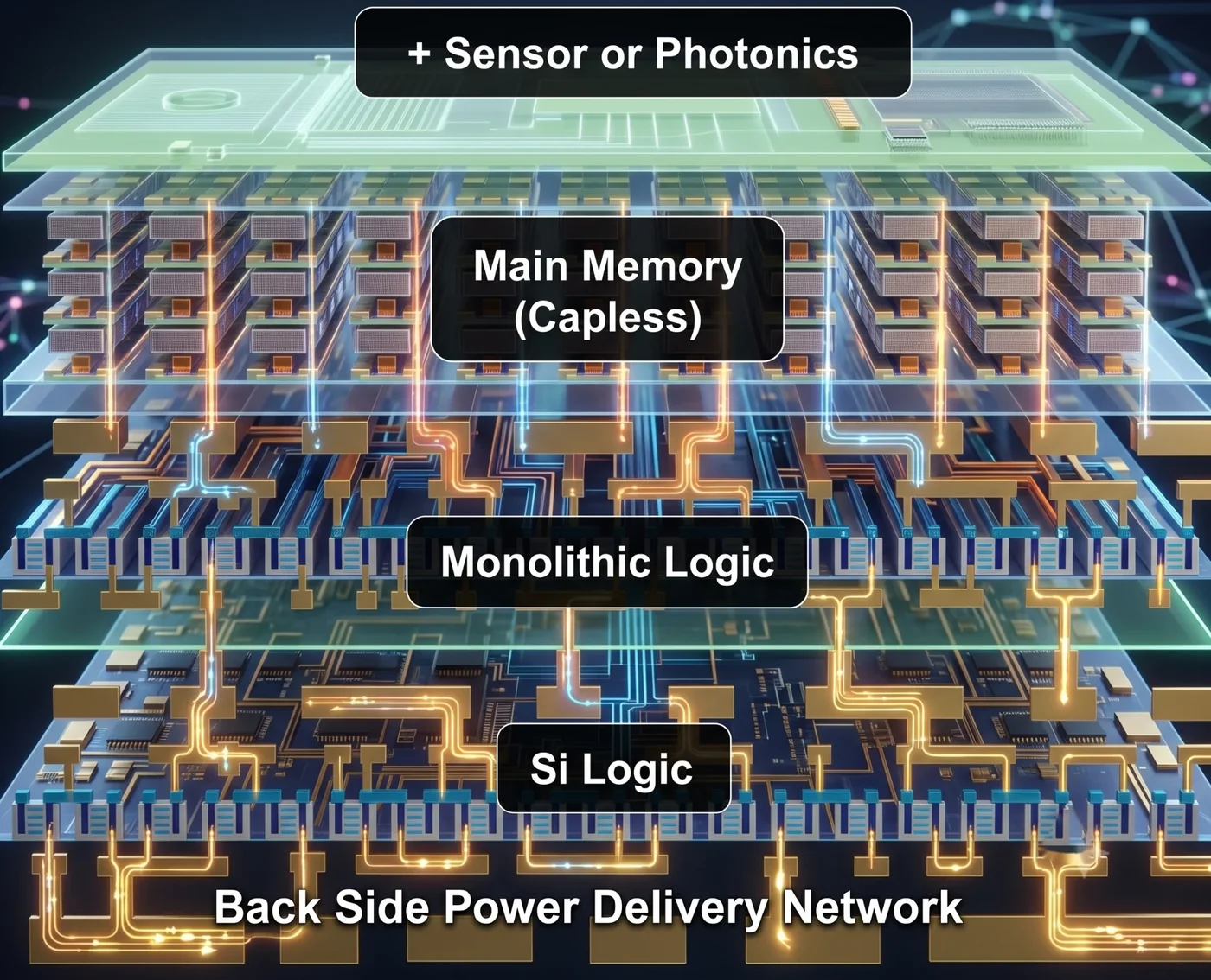 Exploded isometric diagram of monolithic 3D integration: a sensor/photonics tier, capless main memory, monolithic logic, and silicon logic tiers stacked and interconnected with a back-side power delivery network