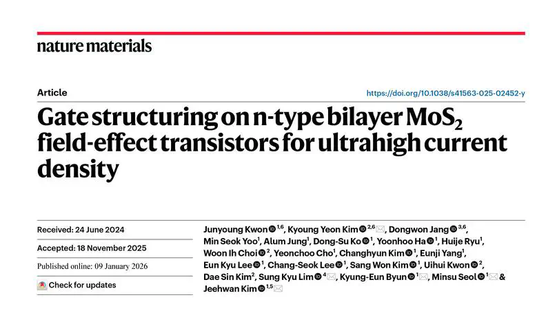 Gate structuring on bilayer MoS2 nFET enables ultrahigh current density